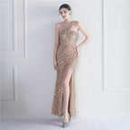 Fleece bottom beads fantasy color shoulder party wedding dinner fishtail long evening dress