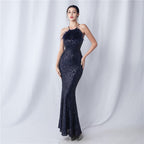 Ostrich hair craft beaded plaid beads dinner party annual meeting evening dress