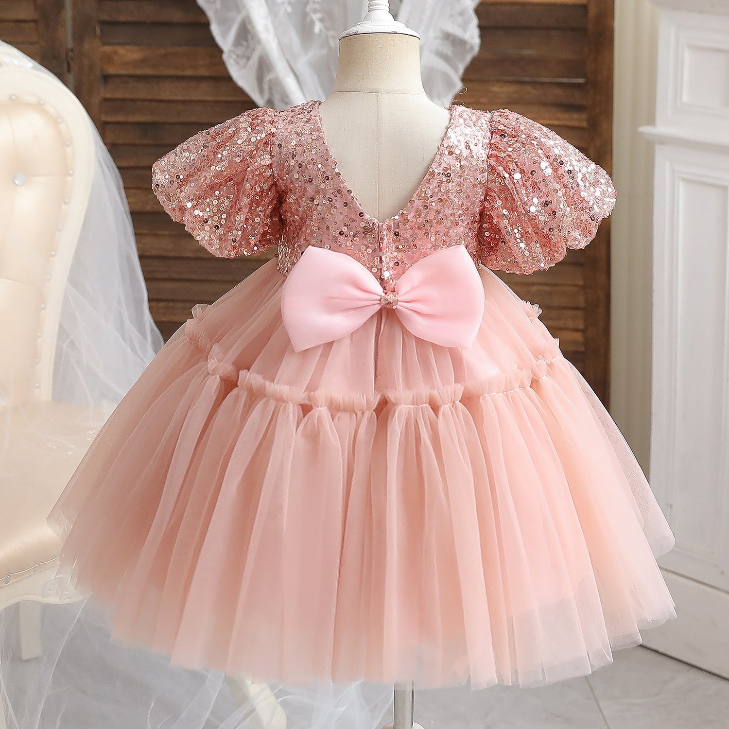 Vestido de primera comunión para niña, rosa, con lentejuelas y lazo, para fiesta de cumpleaños. 
