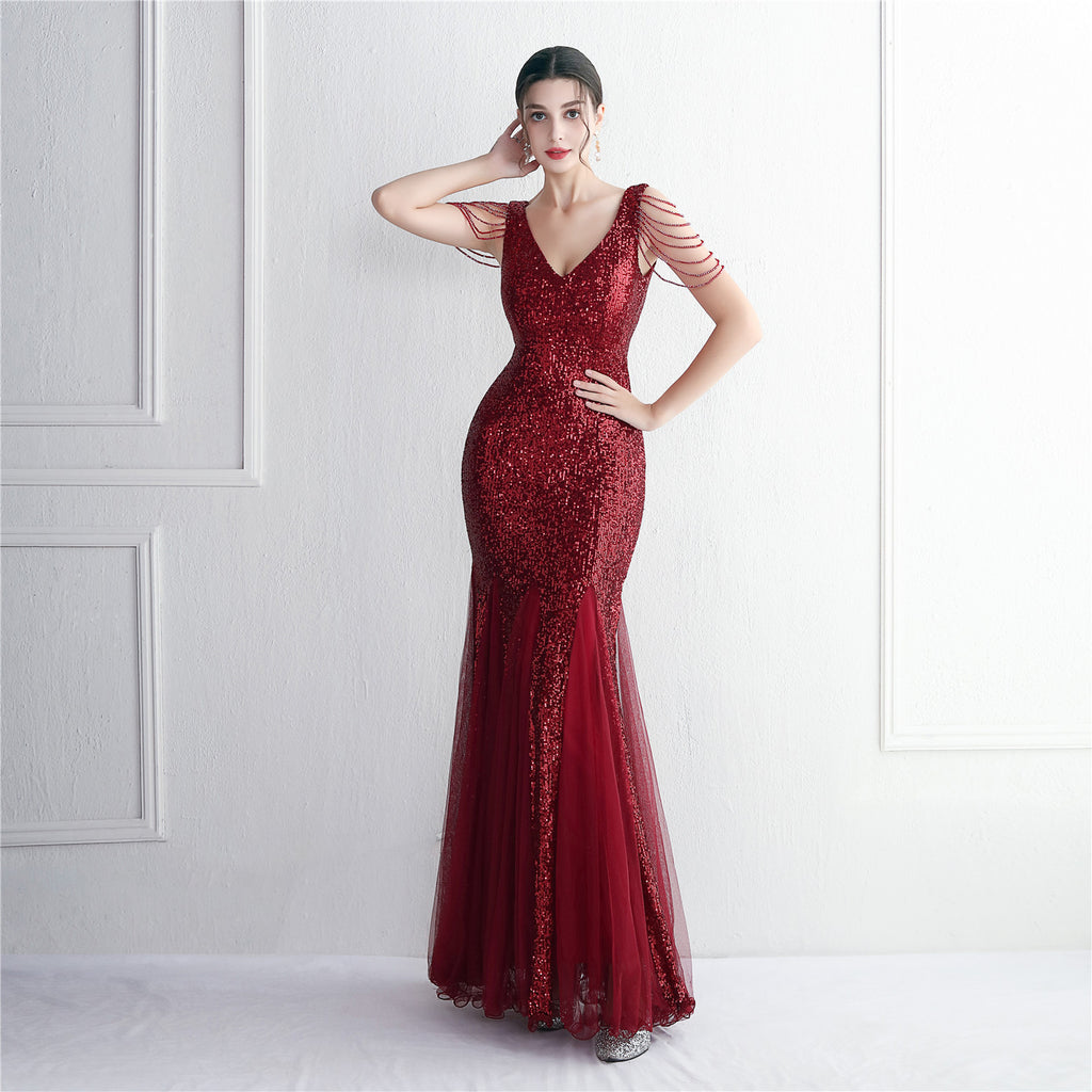 Bead mesh yarn craft bead ordering evening dress long style banquet slim evening dress temperament elegant long style