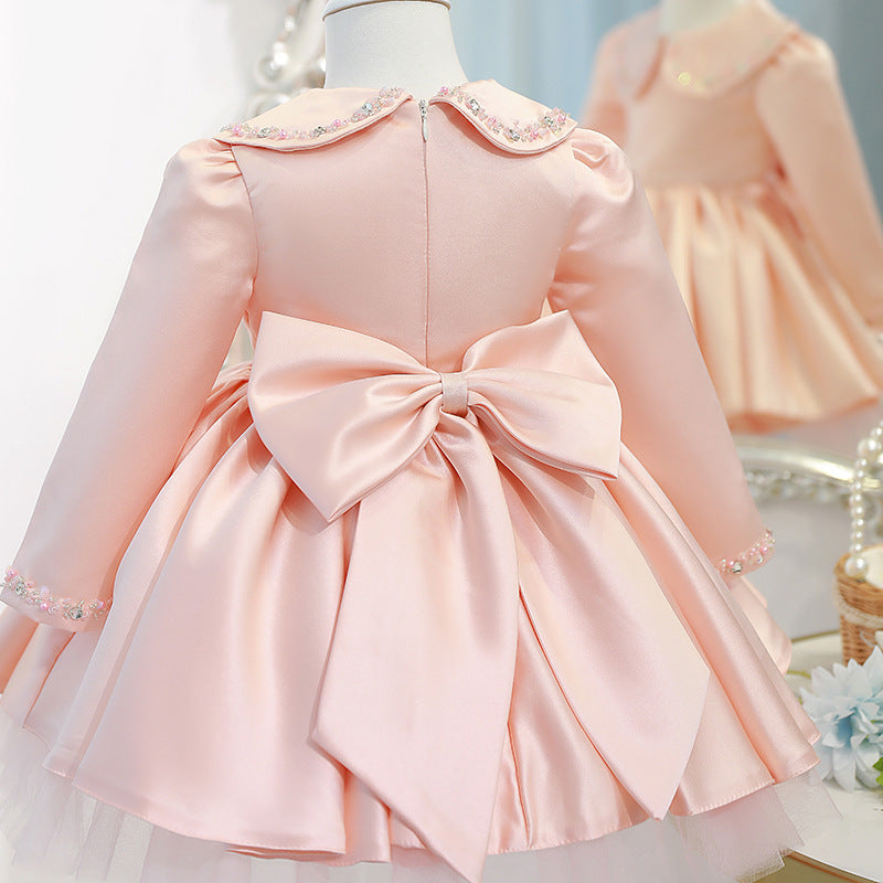 Vestido de comunión para niña, fiesta de cumpleaños, manga larga, cuello de muñeca, vestido de princesa con cuentas 