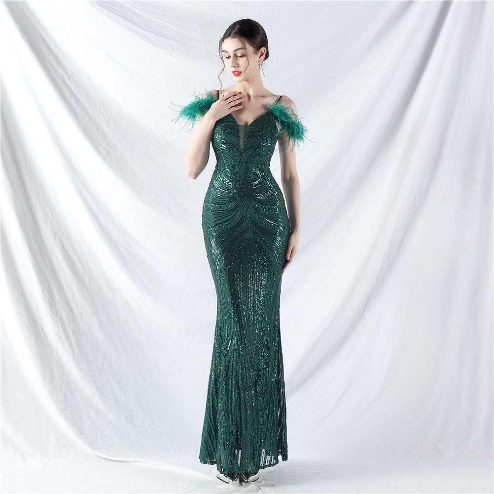 new dress craft order ostrich hair positioning flower bead piece evening dress