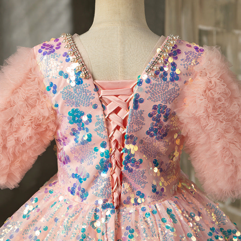 Vestido de niña de las flores para niñas, elegante, para desfile, comunión, lentejuelas, vestido de fiesta de cumpleaños hinchado 