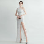 Heavy industry ostrich hair craft bundle hair slant shoulder side split high-end evening dress