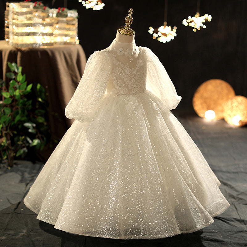 Kommunionkleid für Mädchen, langärmelig, Paillettenkleid, Blumenmädchenkleid, Festkleid für Prinzessinnen 