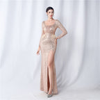 New craft nailed ostrich bead long-sleeved evening dress