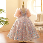Kommunionkleid für Kleinkinder, Mädchen, Plüschärmel, rosa Pailletten, flauschiges Prinzessinnenkleid 