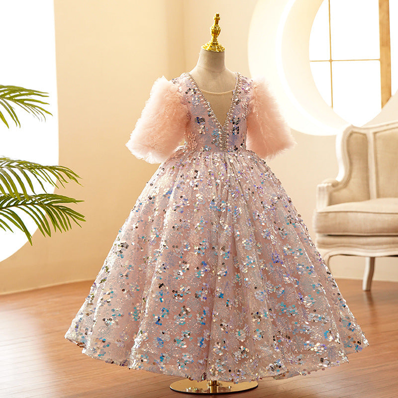 Kommunionkleid für Kleinkinder, Mädchen, Plüschärmel, rosa Pailletten, flauschiges Prinzessinnenkleid 