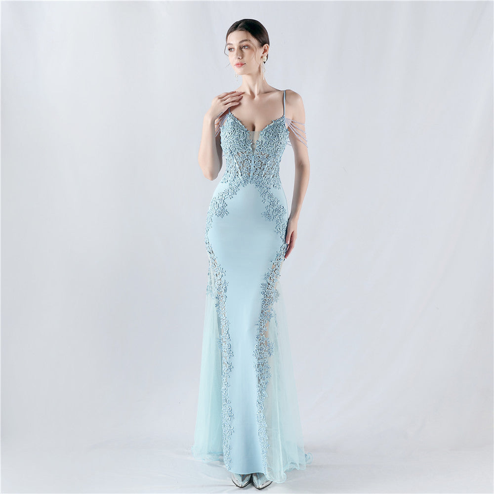Heavy Industry Hot Drilled Fishbone Vest Lace Lace Bead High Fork Evening Dress