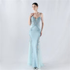 Heavy Industry Hot Drilled Fishbone Vest Lace Lace Bead High Fork Evening Dress