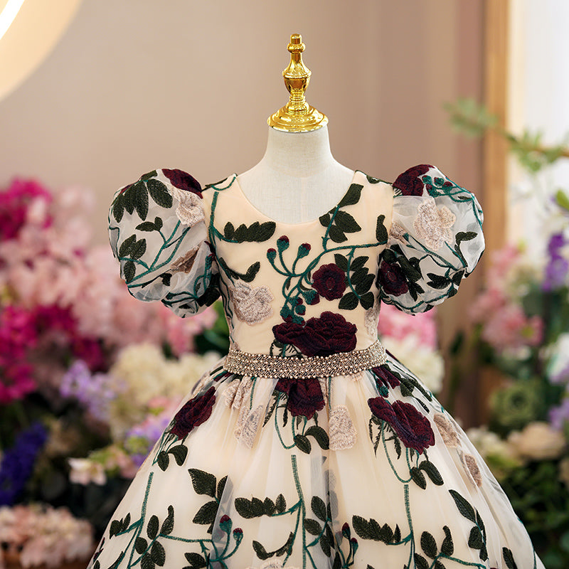 Vestido de niña pequeña para comunión, mangas abullonadas, bordado de rosas, vestido de princesa para fiesta de boda 