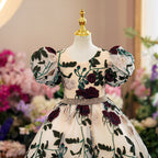 Vestido de niña pequeña para comunión, mangas abullonadas, bordado de rosas, vestido de princesa para fiesta de boda 