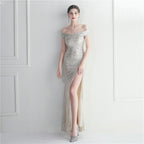 Classic explosive sequined version one-word neck split fork bridesmaid etiquette event celebration slimming and shaping long models