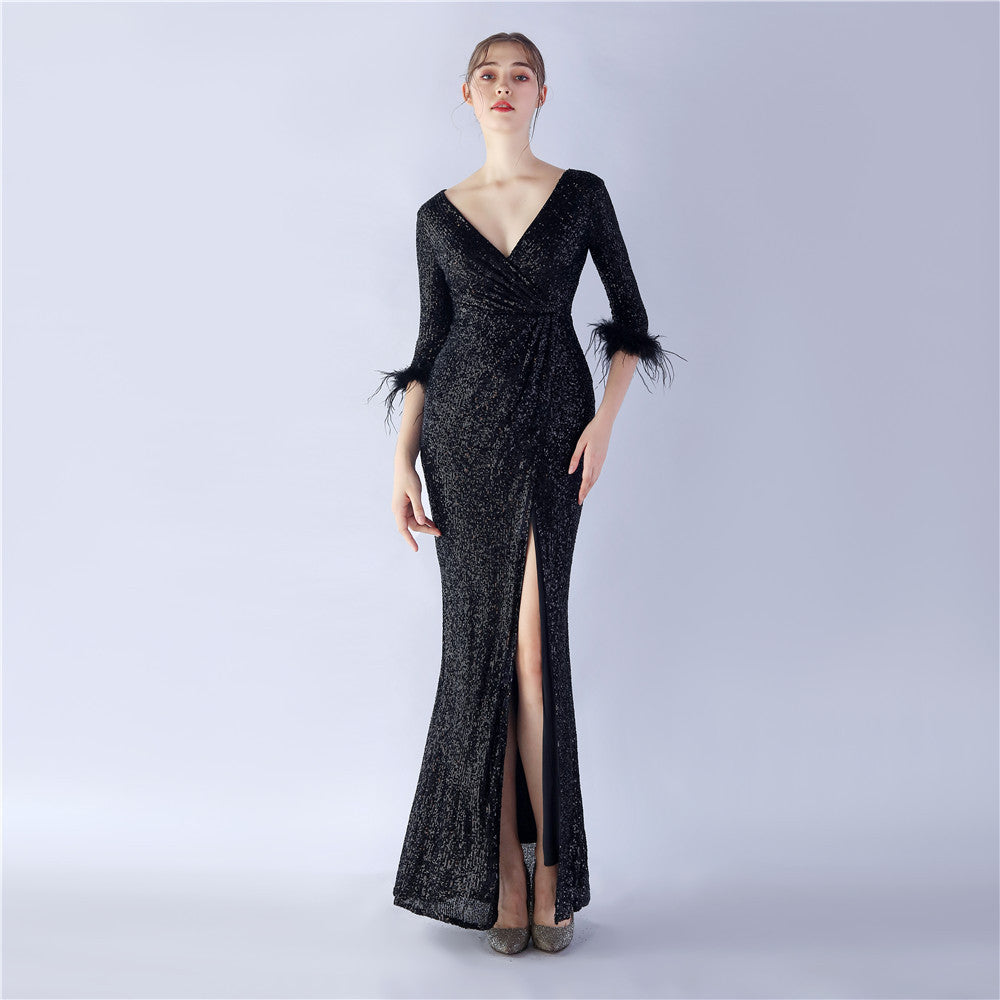 Craft ostrich sequin long-sleeved evening dress