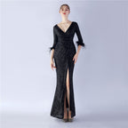 Craft ostrich sequin long-sleeved evening dress
