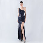 Dress positioning flower bead piece craft bead single shoulder oblique neck high fork evening dress