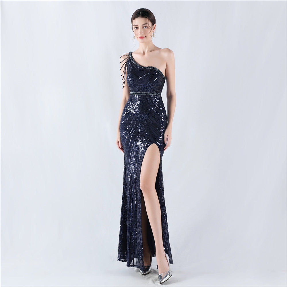 Dress positioning flower bead piece craft bead single shoulder oblique neck high fork evening dress