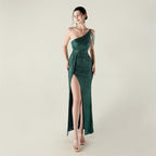 New one-shoulder diagonal collar sequined dress, bead chain decoration, nightclub banquet wedding