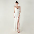 New satin suspender evening dress bead chain decoration slim and thin, banquet red carpet
