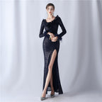 High-end evening dress decorated with ostrich hair craft wavy beads