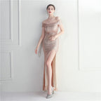 Classic explosive sequined version one-word neck split fork bridesmaid etiquette event celebration slimming and shaping long models