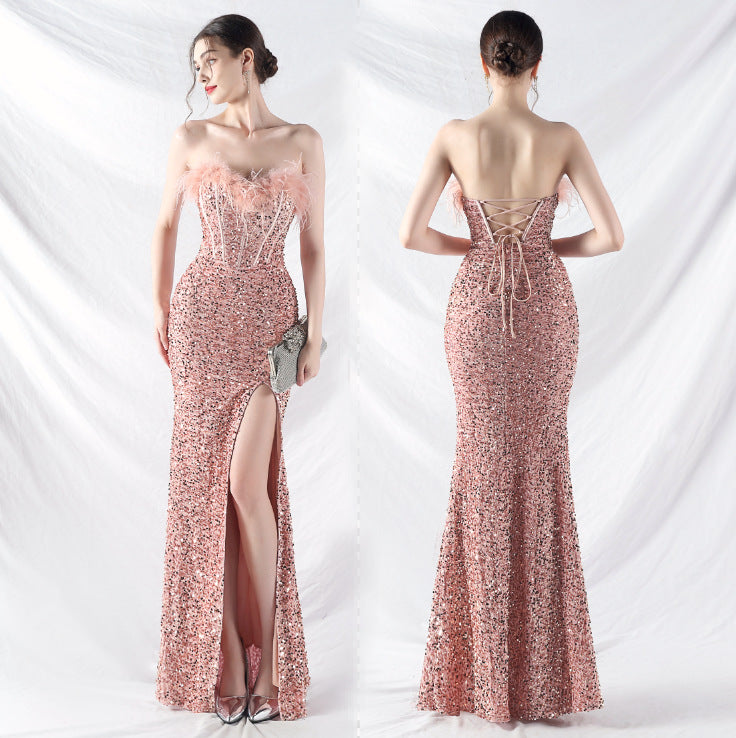 Court fishbone vest waist handmade ostrich plush bottom beads high-end evening dress