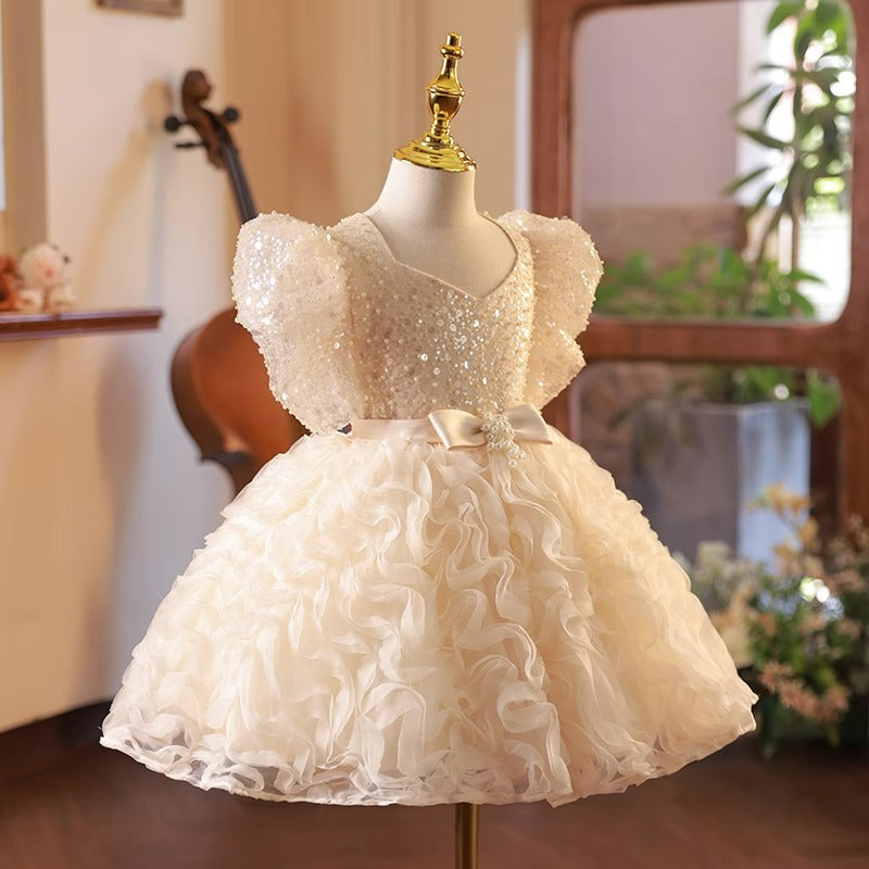 Vestido de lentejuelas con flores para niña, vestido de primera comunión para niña pequeña, vestido de cumpleaños 
