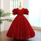 Mädchen Weihnachtskleid, Kommunionskleid, rotes Paillettenkleid mit Rundhalsausschnitt, Geburtstagskleid, Prinzessinnenkleid 