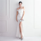 New toasting clothes Bride long tube top Thank you banquet feather fishtail skirt Wedding car model Exhibition dress