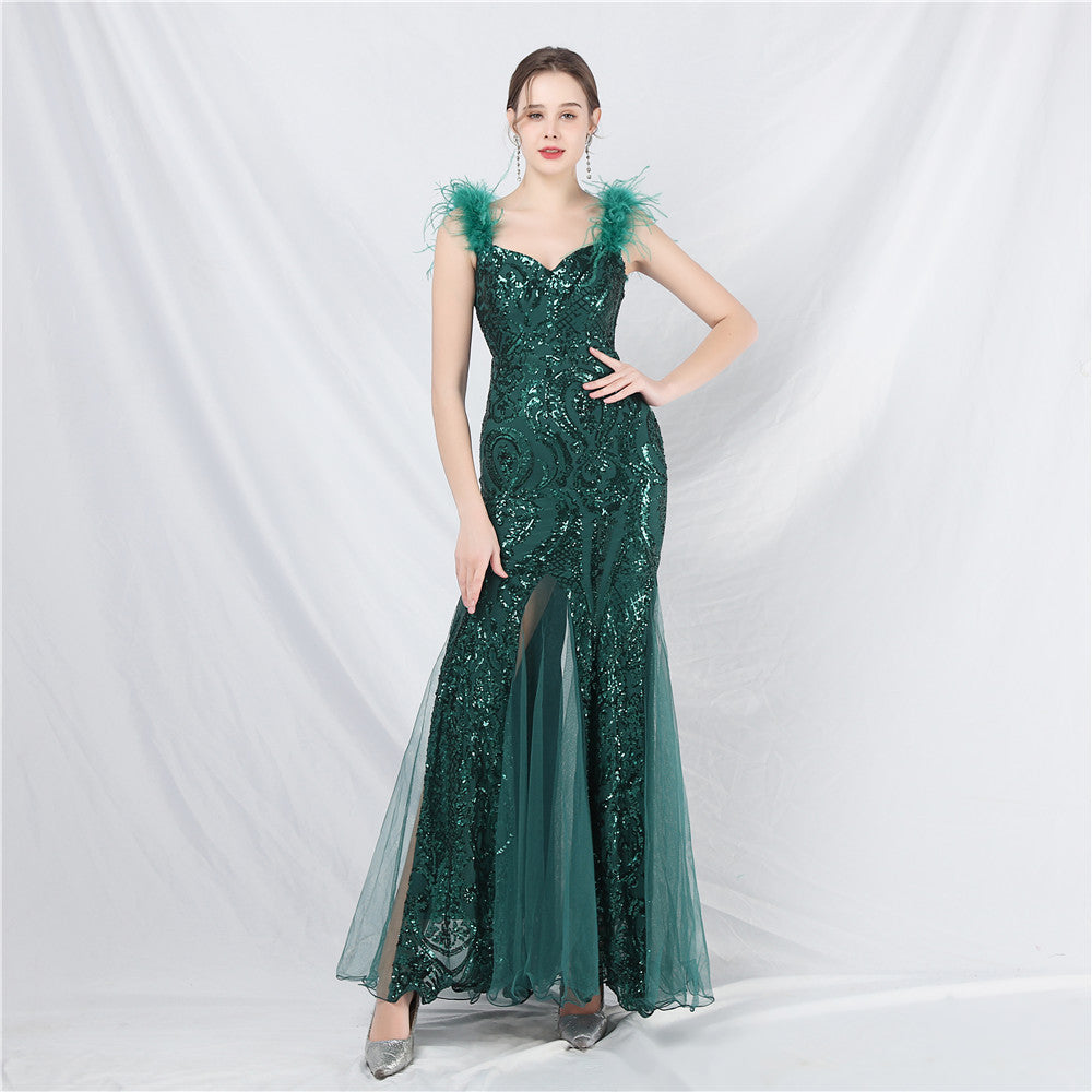 New craft ostrich hair mesh yarn beads high-end long dress skirt