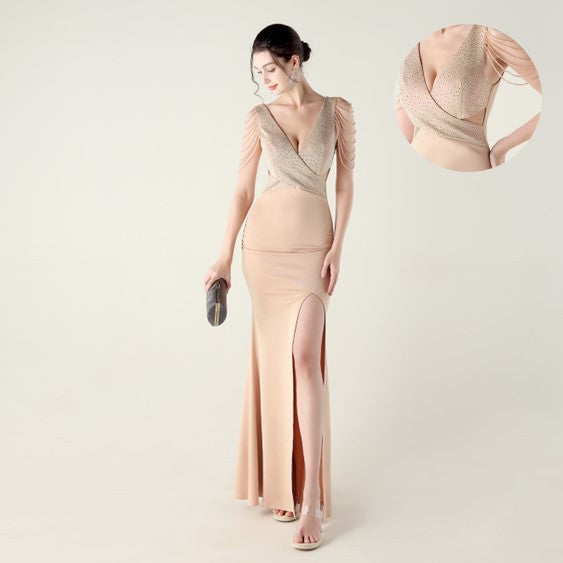 New beaded hot diamond craft slim evening dress, banquet wedding officiant