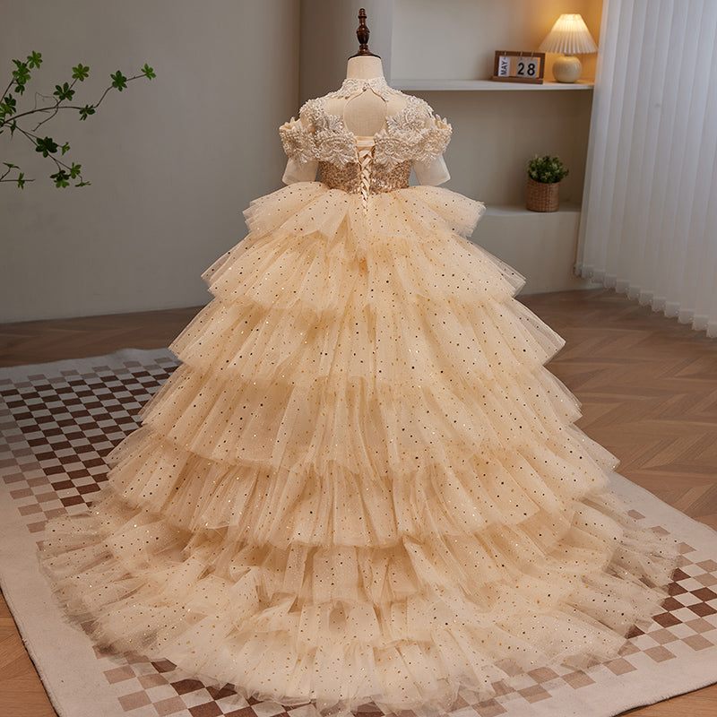 Vestido de princesa con lentejuelas y cuentas para fiesta de cumpleaños de comunión de niña pequeña 