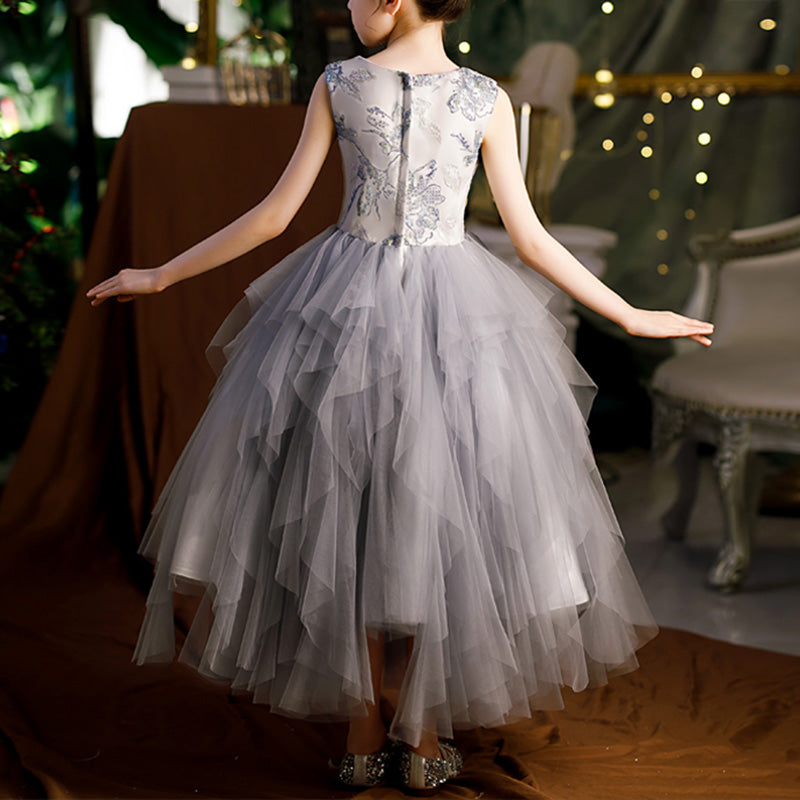 Ballkleid für Kleinkinder, Mädchen, Blumenmuster, Kommunionkleid, Sommerkleid, Grau, ärmellos, Festkleid, Prinzessinnenkleid 