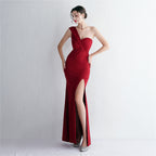 Satin new slim shoulder long celebrity dinner slim fishtail dress wedding exhibition dress