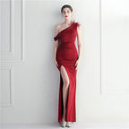 Ostrich hair decorative slanted shoulder collar split fork European and American sexy dress evening dress