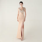 New folding positioning process bead chain shoulder decoration deep V hollow thin banquet evening dress