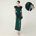 Heavy Industry Bead Tube Satin Evening Dress Deep V Lotus Leaf Pendant Bead Chain Bead Ordering Banquet Skirt
