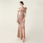 New single shoulder pleated ruffle edge pendant bead chain sequined evening dress, banquet wedding red carpet