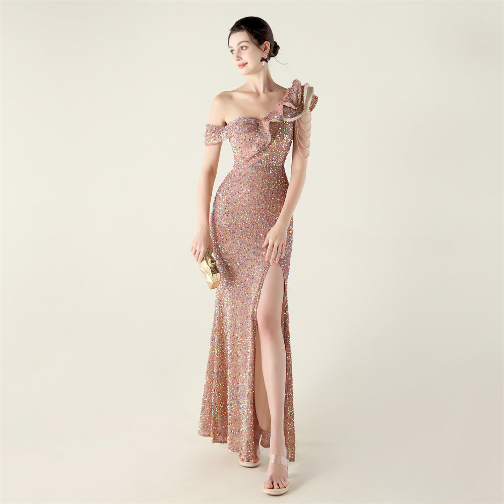 New single shoulder pleated ruffle edge pendant bead chain sequined evening dress, banquet wedding red carpet