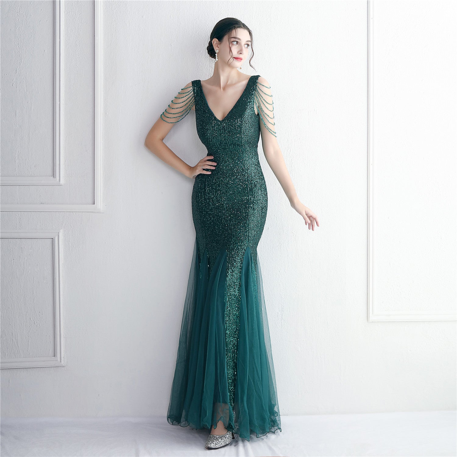 Bead mesh yarn craft bead ordering evening dress long style banquet slim evening dress temperament elegant long style