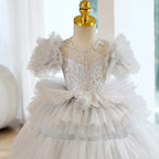 Vestido de primera comunión para niña, vestido de princesa de verano gris esponjoso con forma de pastel para fiesta 