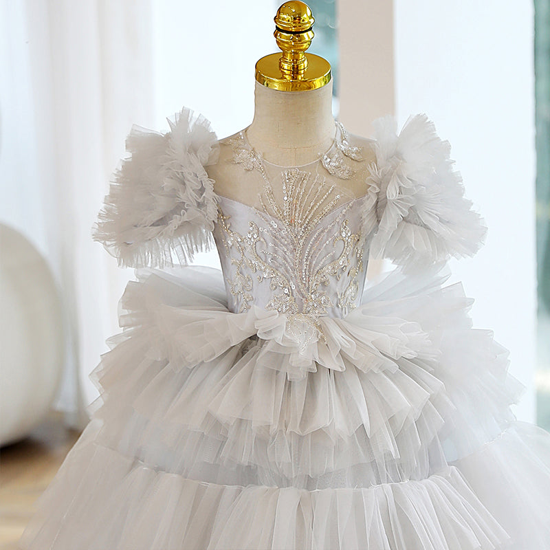 Vestido de primera comunión para niña, vestido de princesa de verano gris esponjoso con forma de pastel para fiesta 