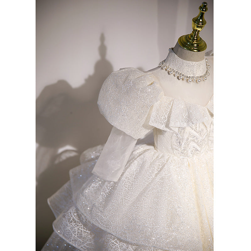 Kommunionkleid für Kleinkinder, Mädchen-Festkleid, weißes Paillettenkleid, bauschiges Prinzessinnenkleid 