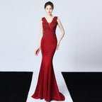 Pure handmade appliqué beaded toast dress bridal long thank you banquet slim fishtail dress wedding evening dress