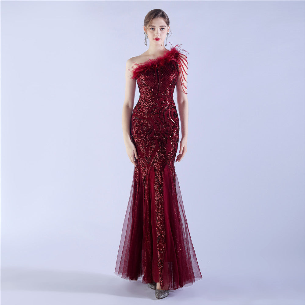 New craft beads and ostrich feathers high-end sequin evening dress