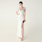 New folding positioning process bead chain shoulder decoration deep V hollow thin banquet evening dress