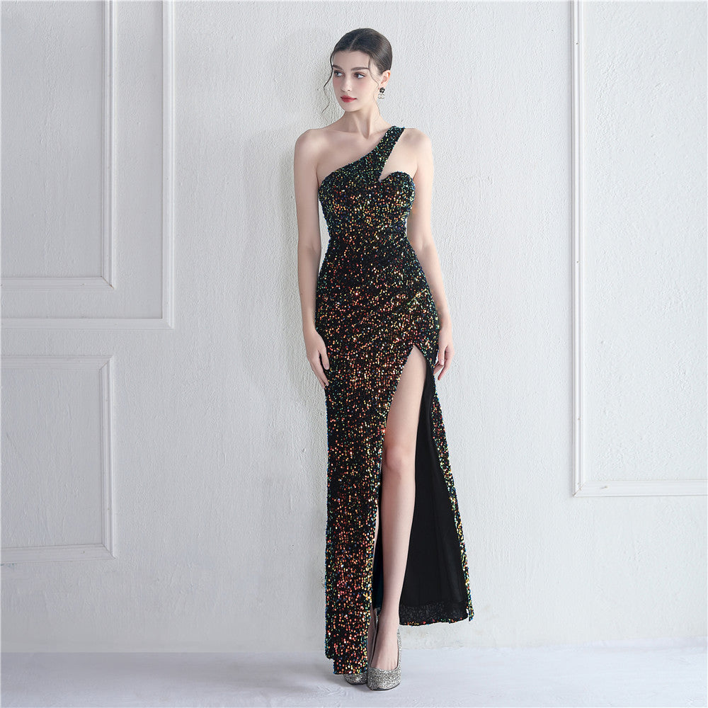Fleece bottom beads fantasy color shoulder party wedding dinner fishtail long evening dress
