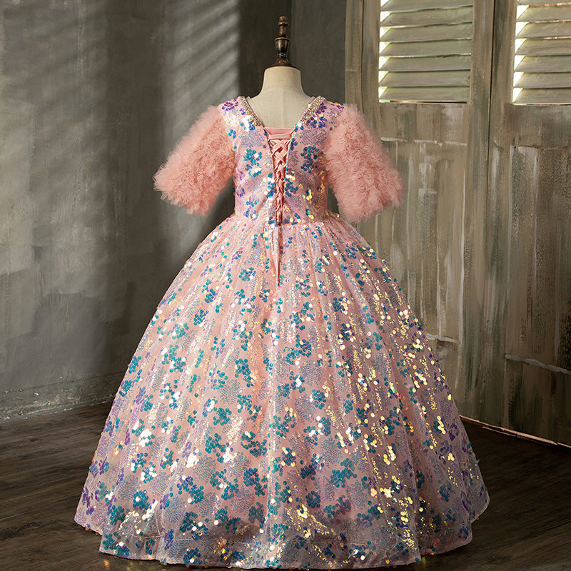 Vestido de niña de las flores para niñas, elegante, para desfile, comunión, lentejuelas, vestido de fiesta de cumpleaños hinchado 