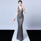 New banquet temperament elegant long sleeveless sequins aura queen fishtail, evening dress