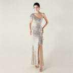 New single shoulder ruffle pendant bead chain handmade sequined evening dress, banquet party wedding